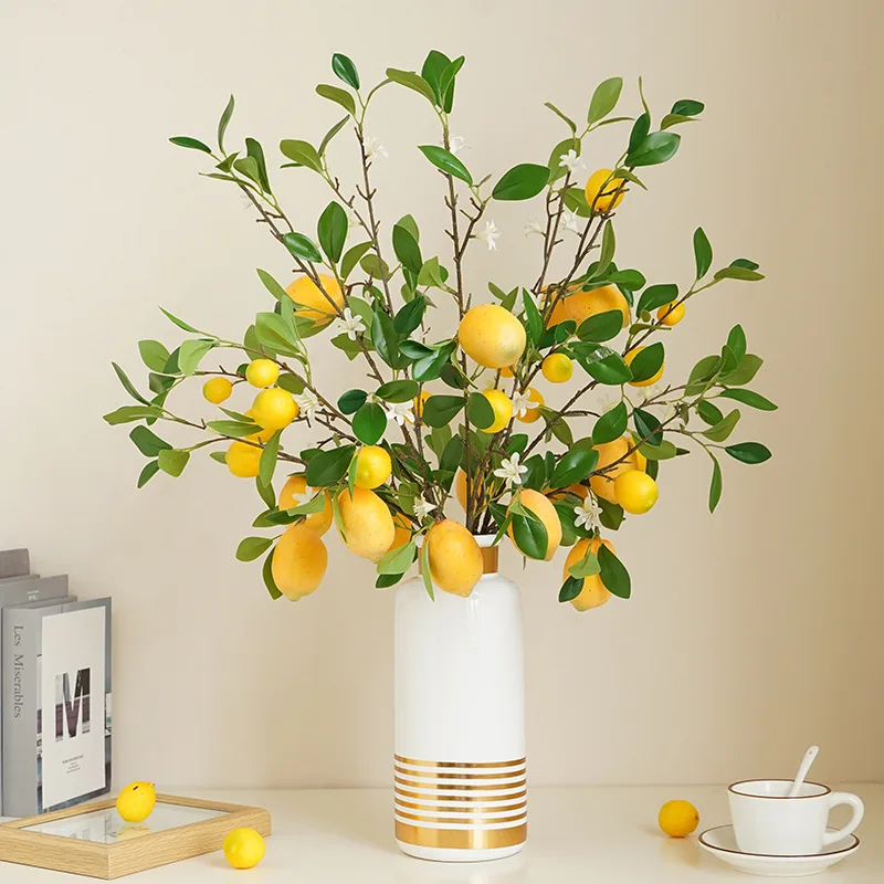 1pc Luxury Lemon Fruit Branch With Green Leaves Artificial Flowers Home Photography Props Flores Artificales Fake Plants