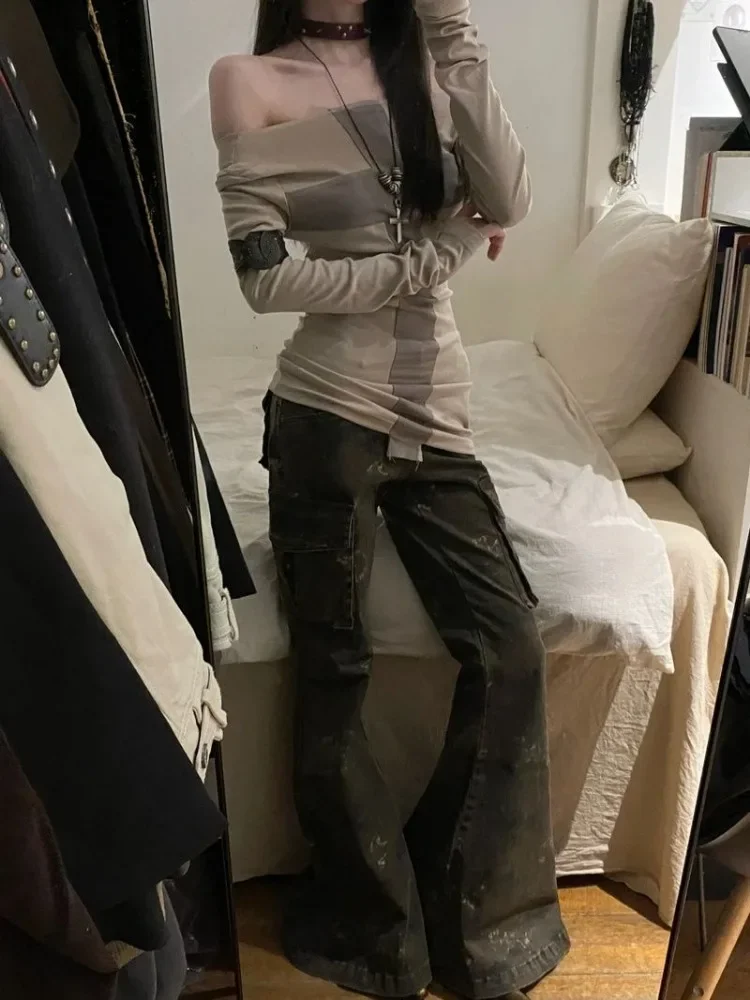 T-shirt manica lunga patchwork croce americana donna 2025 inizio autunno nuove top Mujer Y2k Slim Fit che tocca il fondo Tees