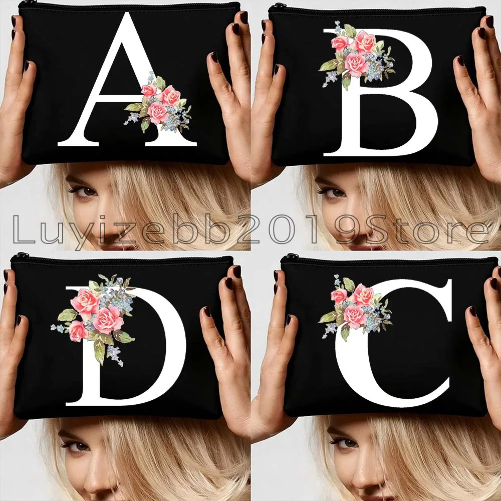 

Косметички-органайзеры из хлопка с цветочным монограммным узором и буквами алфавита, подарочные холщовые сумки для кистей для макияжа, несессеры