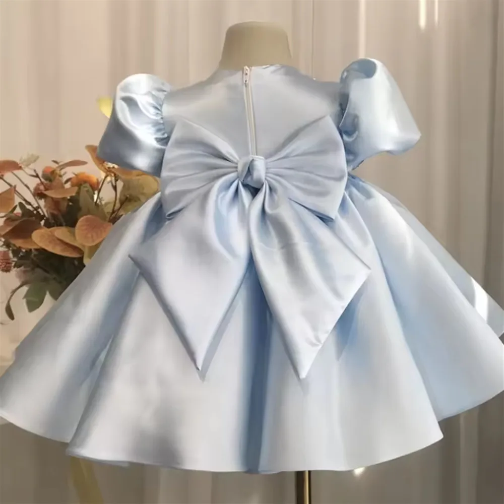 

Cute Satin Flower Girl Wedding Dress Appliques with Bow Puffy Elegant Princess Birthday Party Prom Dress First Communion Gown