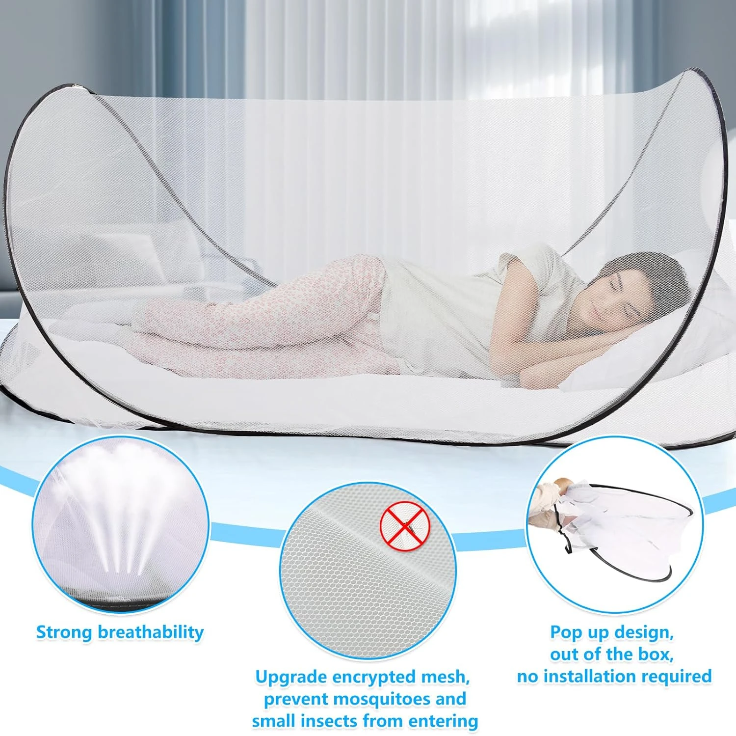 Portable Foldable Large Pop Up Mosquito Net Breathable Lightweight Mosquito Net Tent for Bed Bug Net for Camping Travel Patio