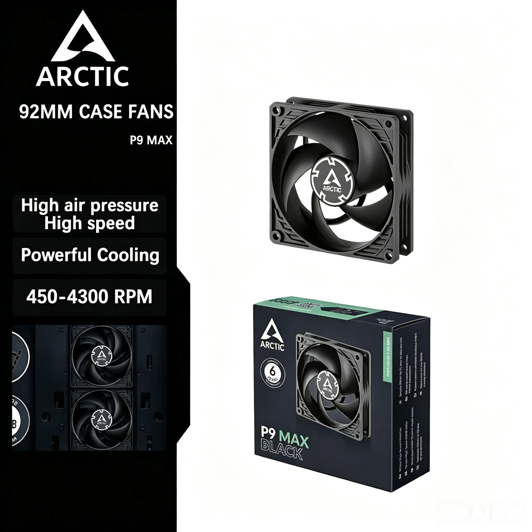 ARCTIC P9 MAX 92mm PC Case Fan 450-4300RPM High Air Pressure PWM Fan Powerful PC Cooling Fan