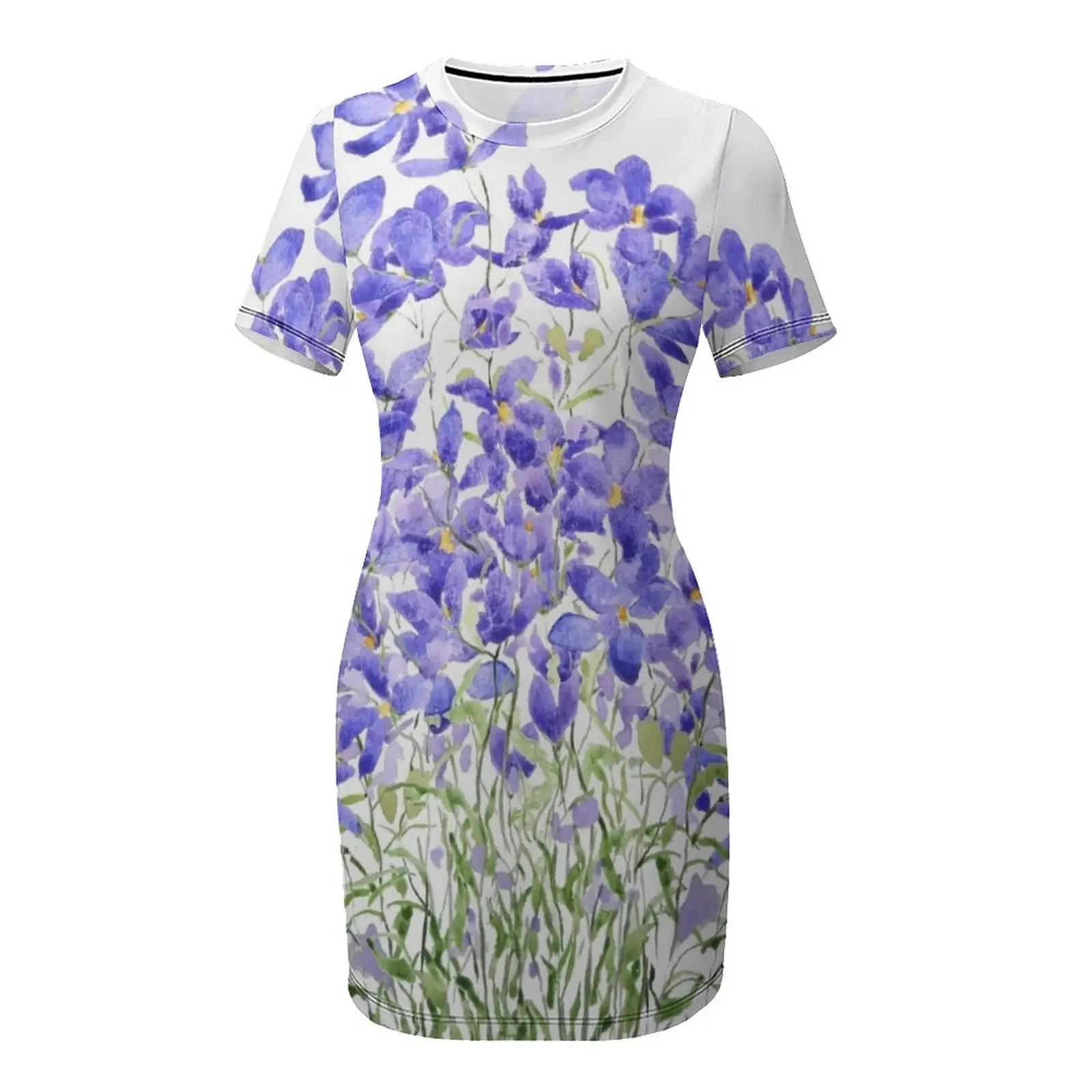 ภาพวาดสีน้ำเงินม่วงของดอกไม้ป่า ชุดเดรสแขนสั้น ชุดเดรสออกงาน ชุดเดรสวินเทจ