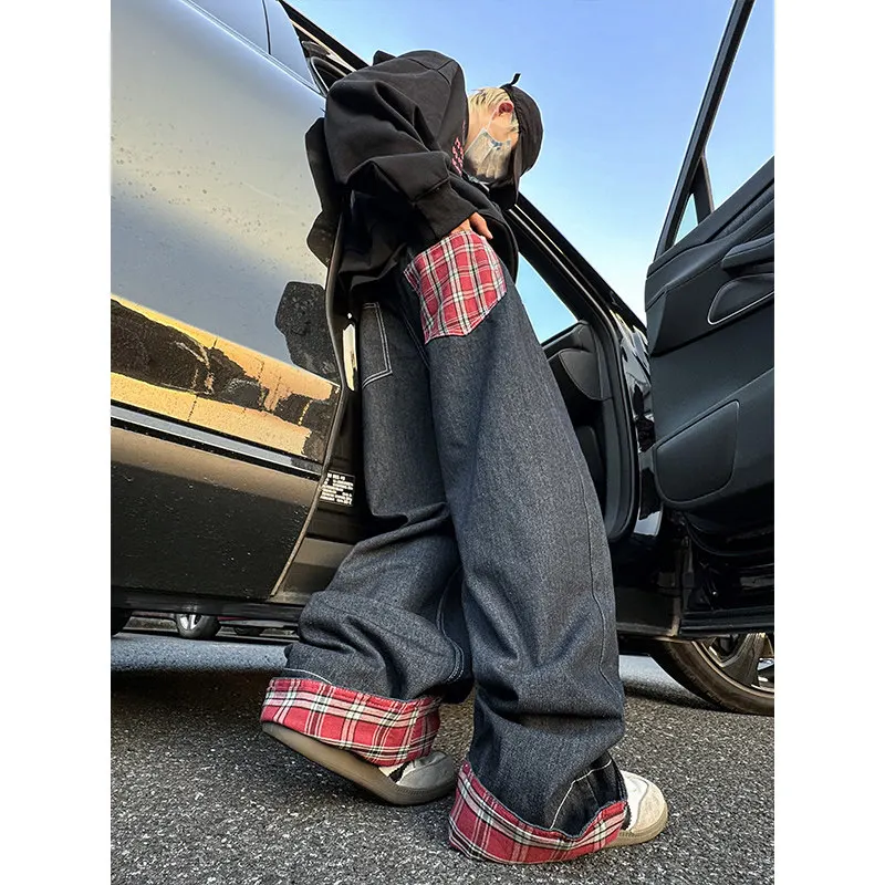 

Original American Plaid Splicing Cuffed Denim Pants Men Summer Design Loose Straight Leg Wide Leg Floor-Length Trousers