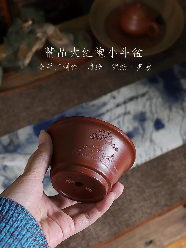 Red Clay Handmade Painting Pottery Bonsai Pot Vase, Traditional Chinese Louts Pattern, Oriental Cubicles, Garden Decoration