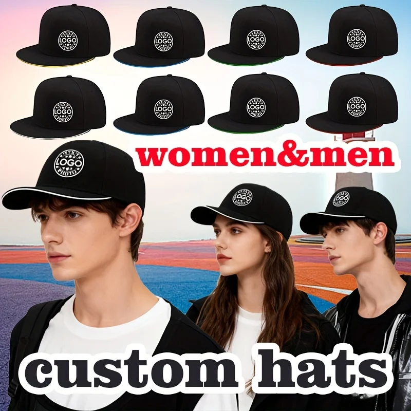 7PCS Custom Logo Snapback Hats - Flat Brim Hip Hop Baseball Caps Embroidery or Print, Solid Color Adjustable Unisex Street Skate