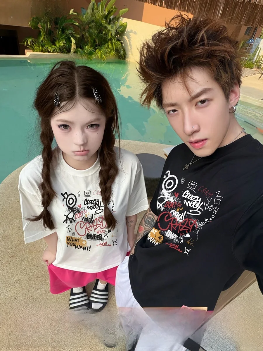 Street Style Dark Letter Print Short Sleeve T-Shirt Couple Matching Cotton Casual Top Men Women Summer New Arrival Heavyweight
