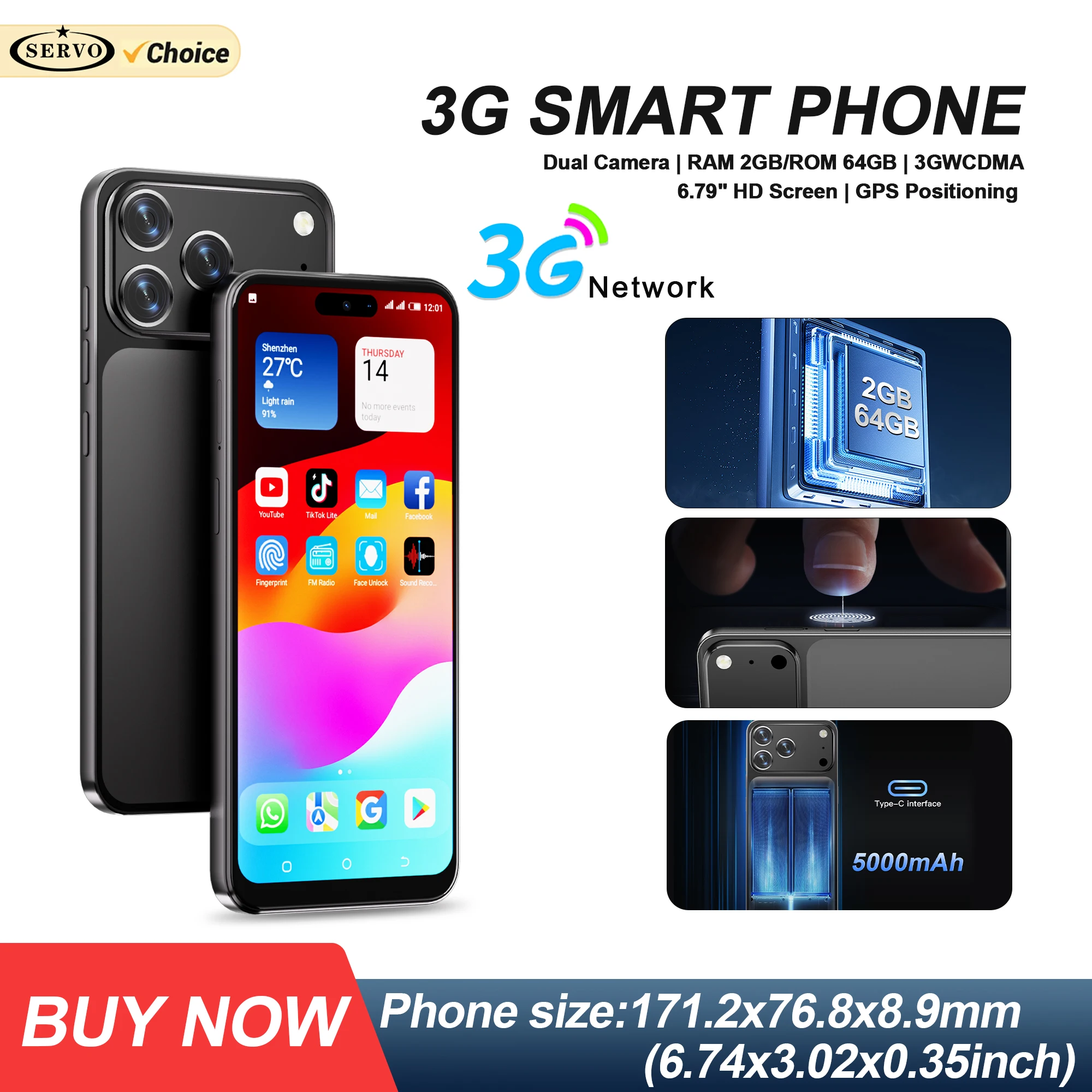 SERVO A17 PRO Android Smartphone 3G Network 6.79 Large Display 2GB+64GB Fingerprint Unlock Google Play WiFi Dual SIM Smart Phone