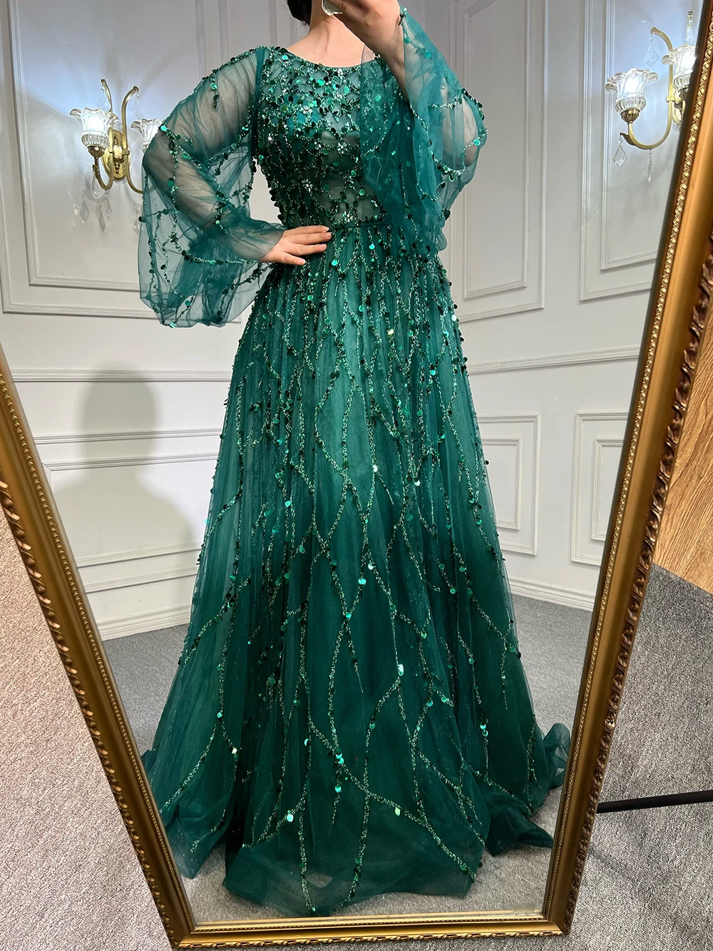 Serene Hill Muslim Green A-Line Luxury Evening Dreses Gowns 2024  O-Neck Puff Sleeves Beaded Sexy Formal Woman Party LA71049A