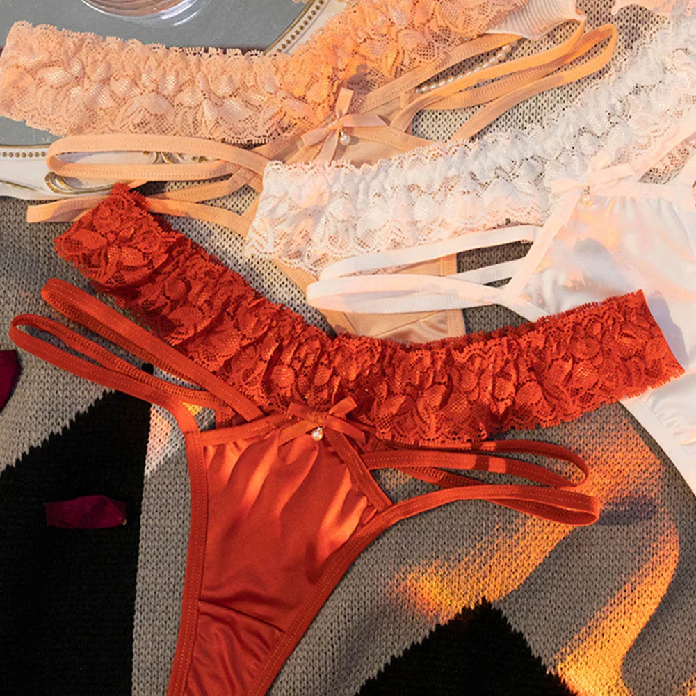 Women Lace Sexy G-String T-Back Low Waist Briefs Thongs Satin Hollowed Bow Japanese Women T Panties Underwear Very Hot Lingerie