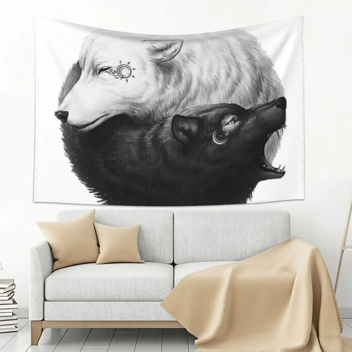 

Two Wolves Black and White Love Nature Tapestry
