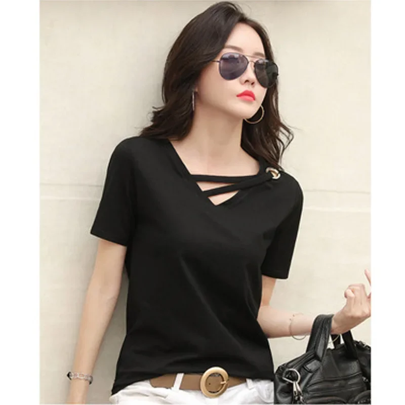 MRMT 2026 Brand New Women's Short Sleeve White T-shirt Women's V-neck Loose Korean Version Of Black Blouse Casual Ins T-shirt