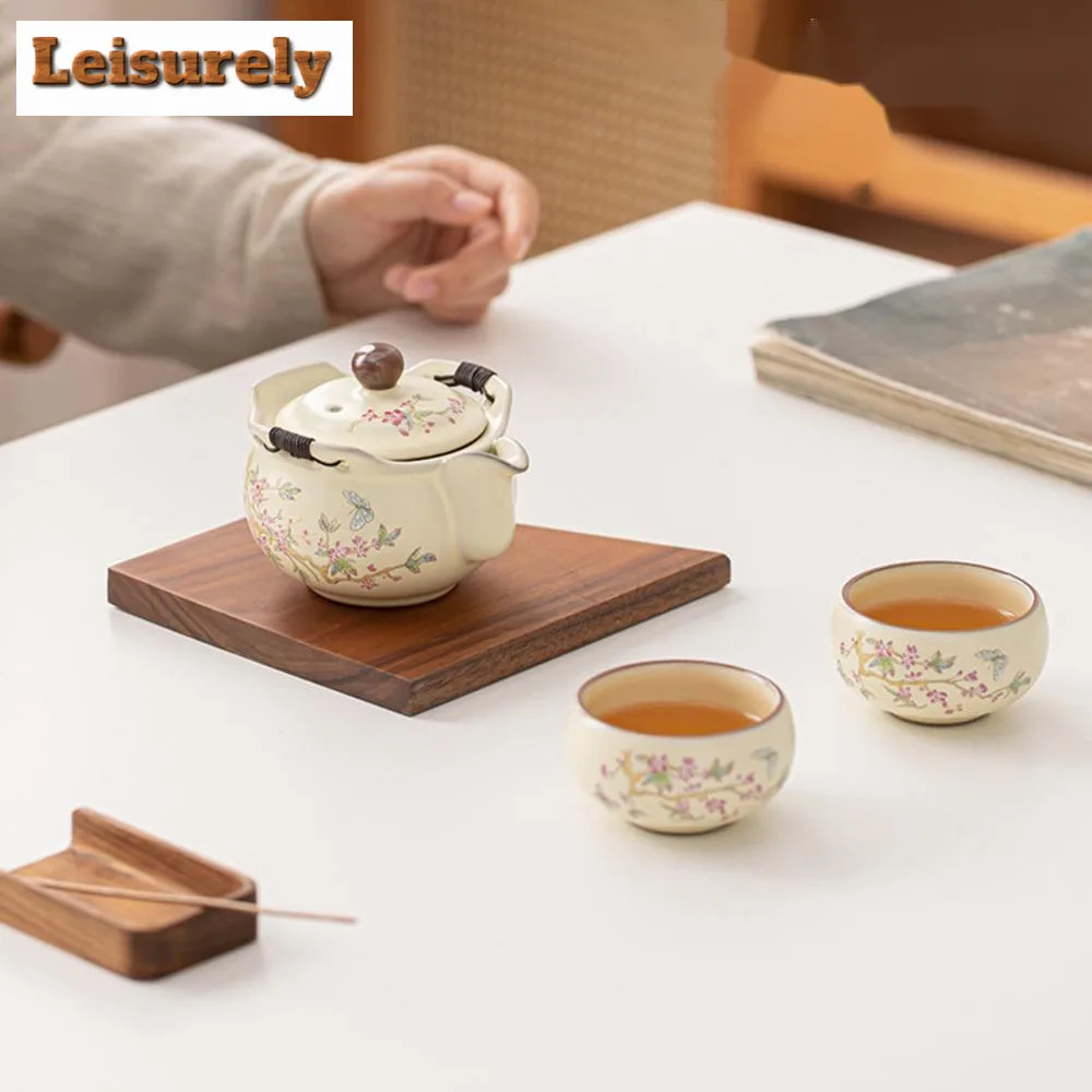 Exquisite Wisteria Flower Ru Kiln Hand Grab Teapot Zen 1 Pot 2 Cups Kit Tea Brewing Kettle Kung Fu Tea Tableware Accessories