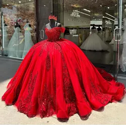 Customized  Red Sparkly Princess Quinceanera Dresses Off Shoulder Gillter Applique Crystal Corset Vestido de 15 años royal train