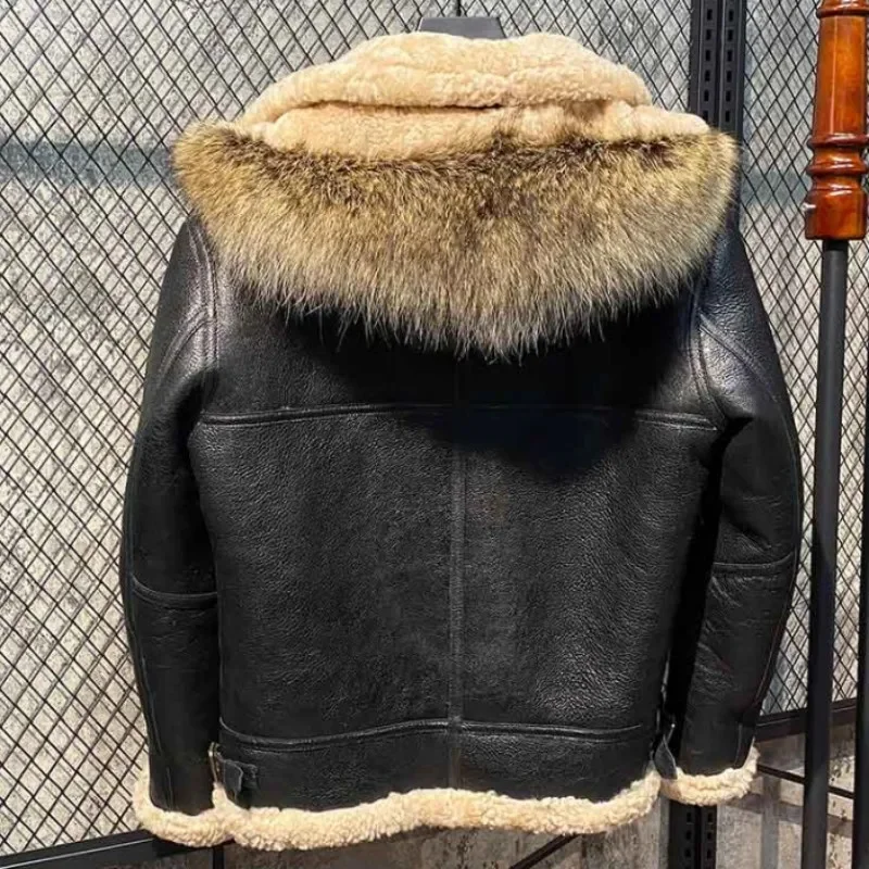 Jaqueta piloto de couro genuíno masculina, casacos quentes grossos, capuz com revestimento de pele real, casaco shearling de ovelha, tamanho grande, 7XL, inverno