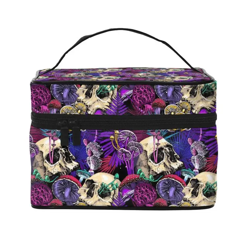 Psychedelic Gothic Skull Mushroom Makeup Organizer Bags Toiletry Bag Box Travel Cosmetic Bag Make Up Train Case for Women Ladies