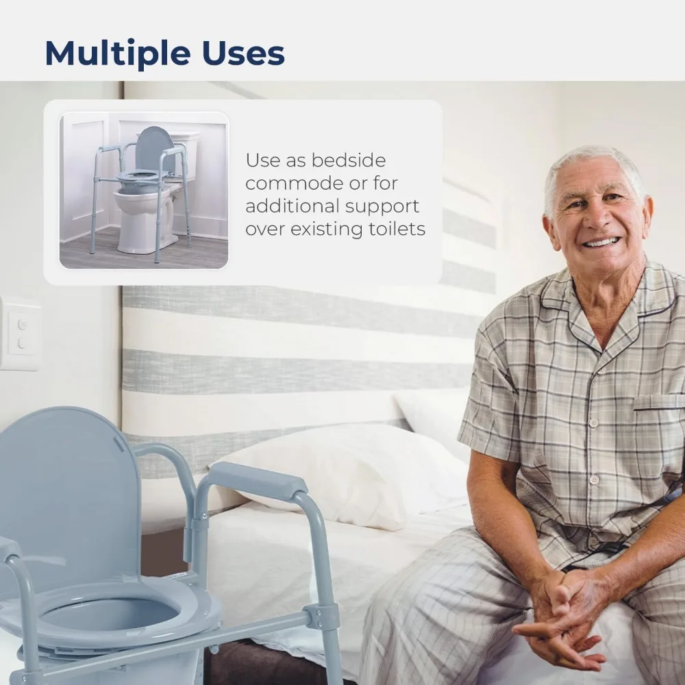 Folding Steel Bedside Commode Chair by Drive Medical, Portable Toilet with 350 lbs Capacity and 7.5 Qt. Bucket