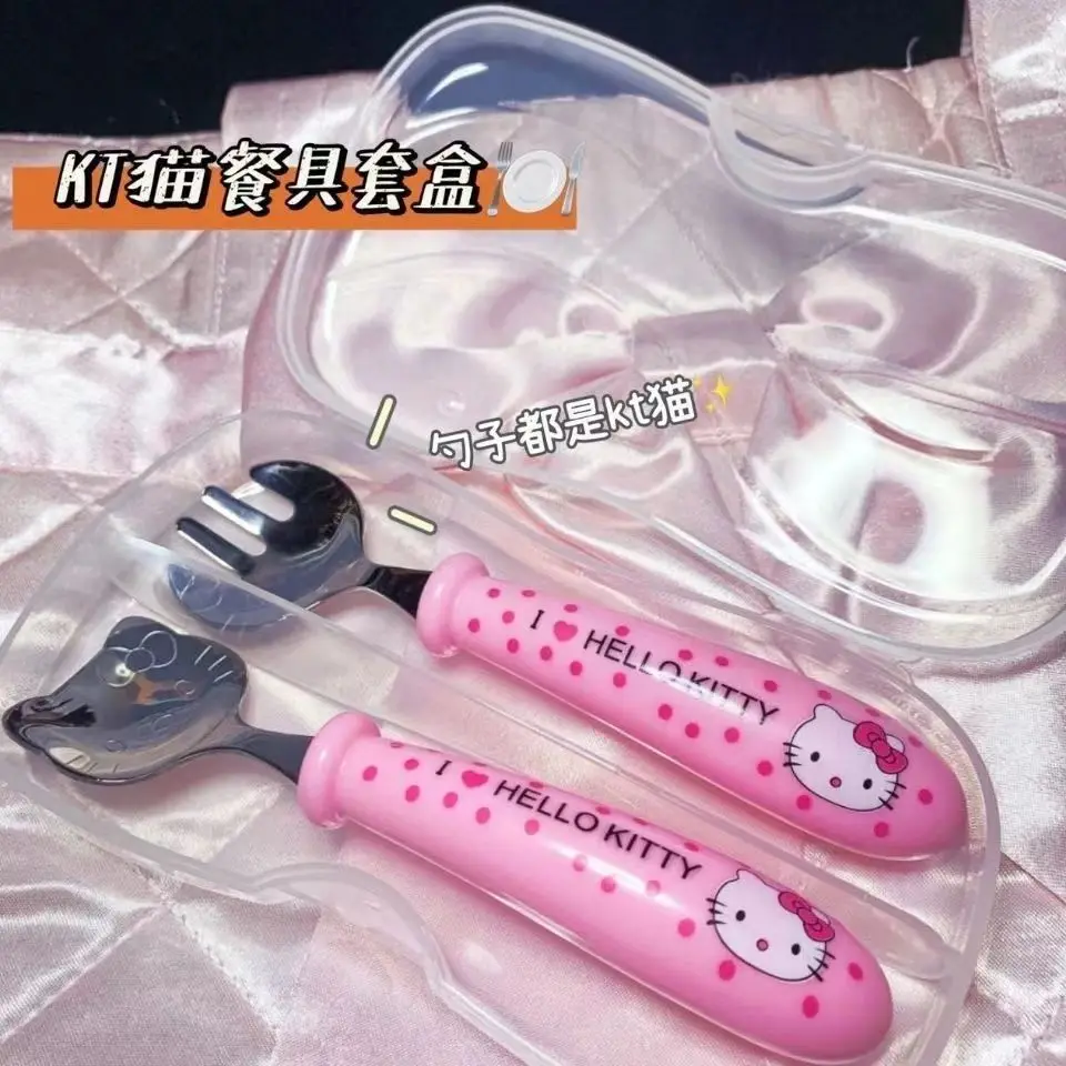 Kawaii Sanrio Spoon Fork Hello Kittys Cute Beauty Tableware Set Portable Travel Box Pink Spoon Children Toys for Girls Gift