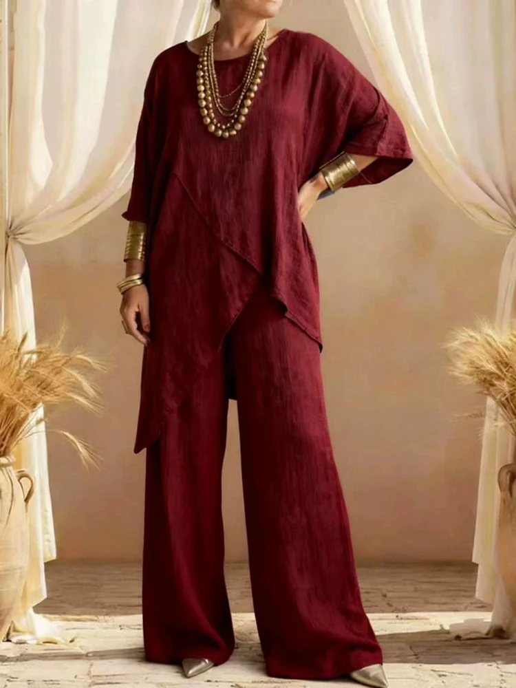 

Comfortable summer fashion new two-piece cotton and linen sleeve round neck loose casual irregular hem set