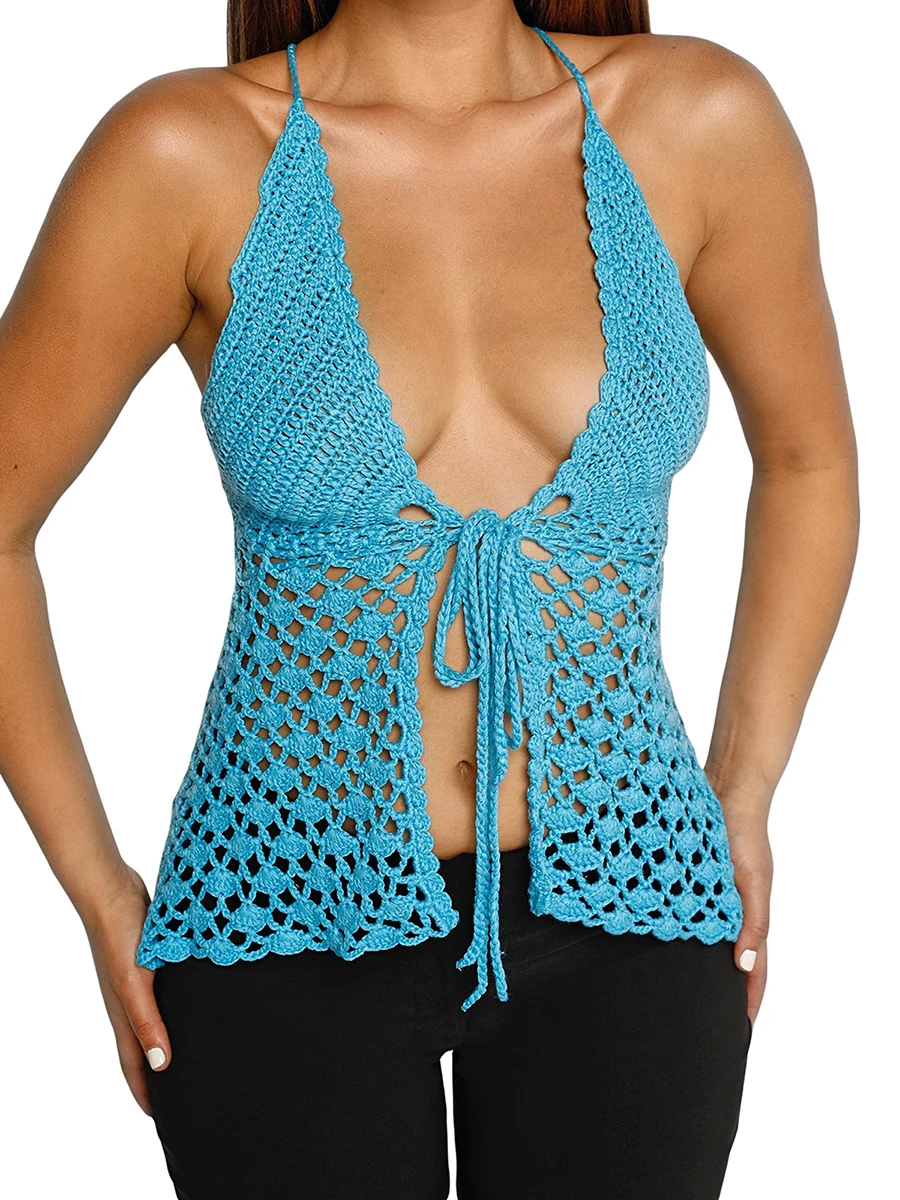 Donna Crochet Halter Crop Cami Top Tie Front Vest canotte lavorate a maglia Y2k Strappy Summer camicie senza maniche Beach Streetwear