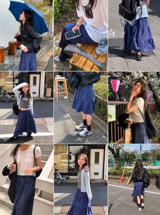 تنورة طويلة منقوشة حلوة للنساء بخصر مطاطي تنورة على شكل حرف a متعددة الطبقات تنورة Dongdaemun Sle الفنية للربيع والصيف #2