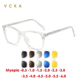 VCKA 6 In 1 Transparent Frame  Myopia Sunglasses Magnetic Clips Eyewear Men Women Polarized Custom Optics Glasses -0.5 TO -10