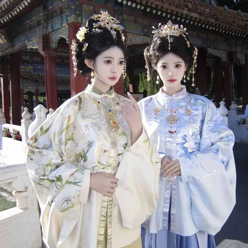 Chinese Hanfu Women's Ming-Style Cross-Collared Blue Long Gown with Brocade Horse Face Skirt Set Stage Cosplay Costume For Women