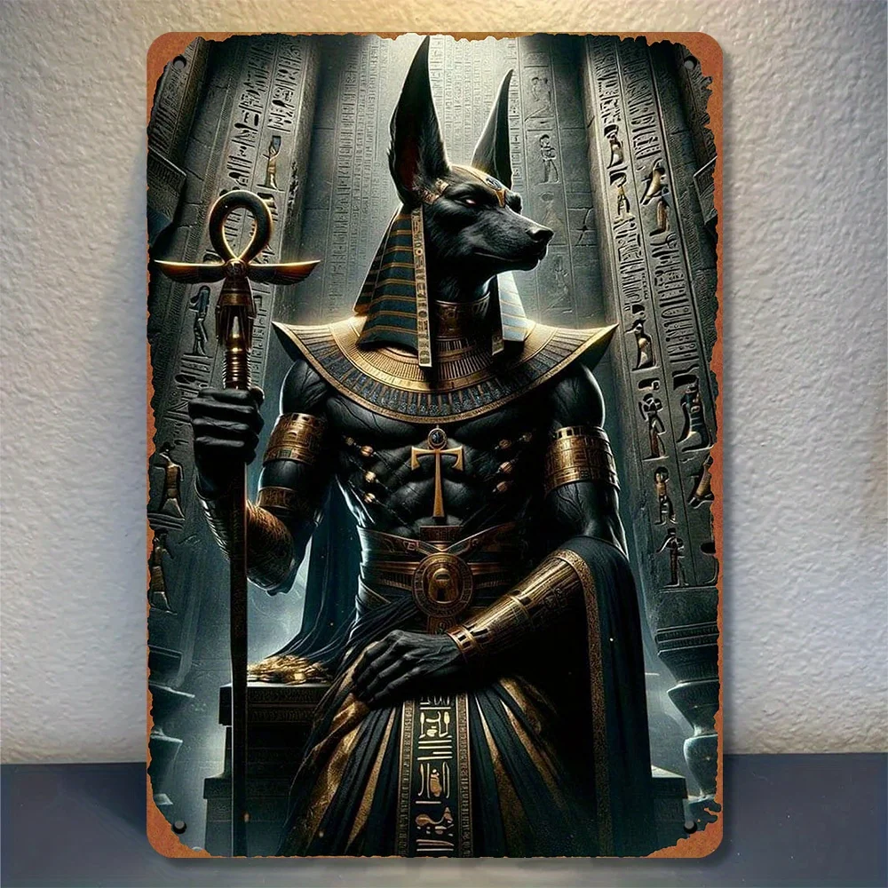 2D Vintage Metal Wall Art Sculpture, Ancient Egyptian God Anubis with Staff and Cross, Boho Modern Religious Symbol Decor for Ho