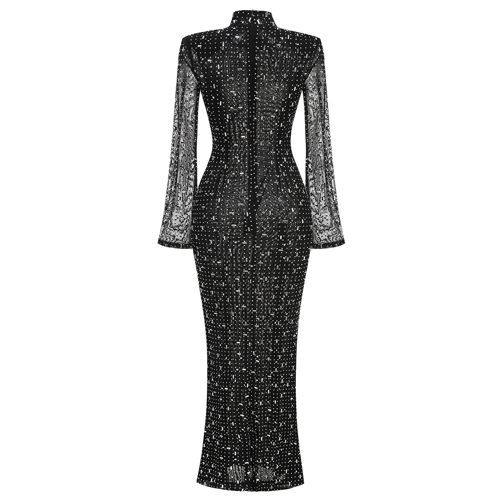 Sexy Black Mesh Zware Industrie Hot Drill Bodycon Maxi Jurken Luxe Diamanten Celebrity Avondjurk Party Runway Lange Jurken