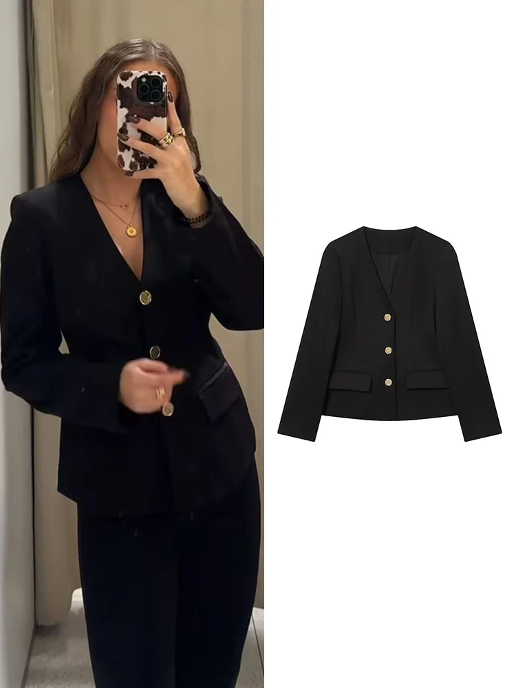 

New Women V-neck Blazer Jacket Fashion Solid Long Sleeve Single Breasted Elegant Shoulder Pad Female Commute Office Streetwear