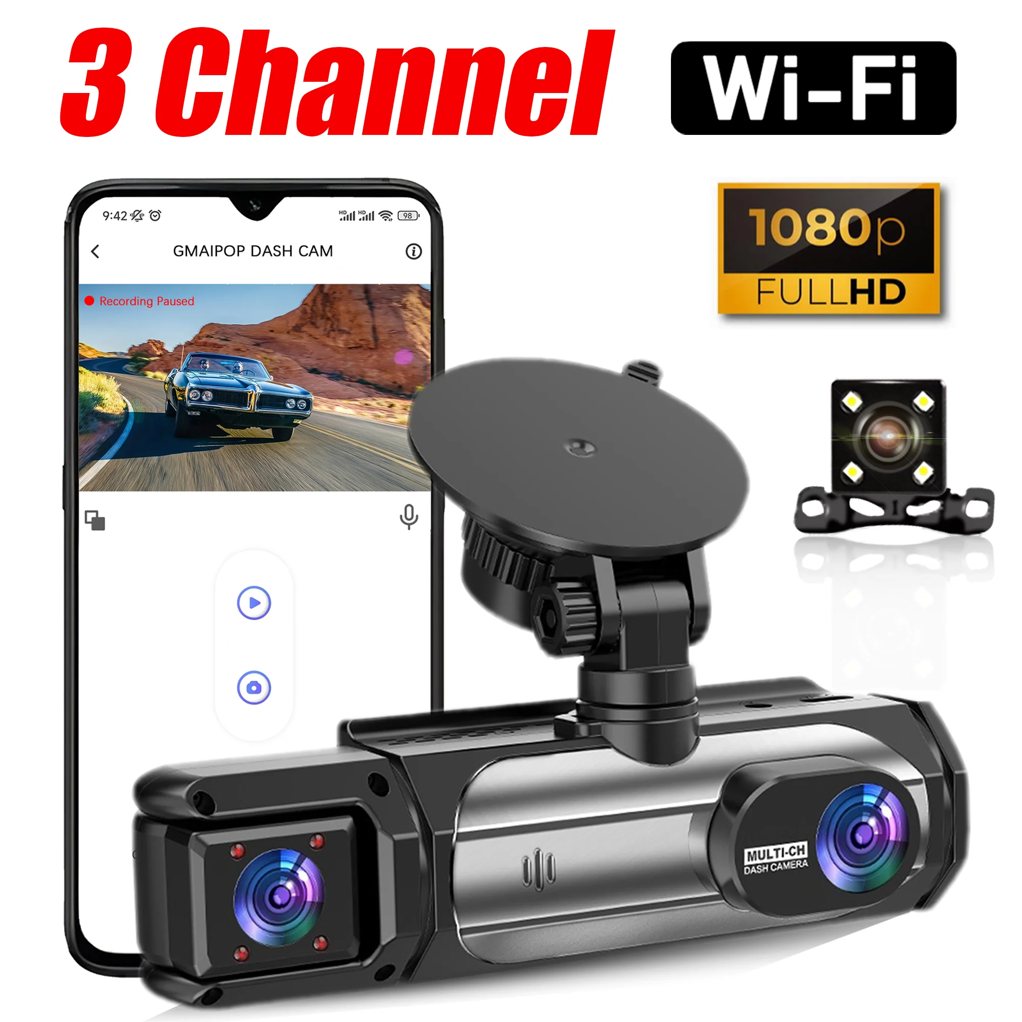 Dash Cam 3 Channel Car Black Box WiFi DVR HD 1080P Video Front Built-in and Rear Camera W/IR Night Vision Car Accessories