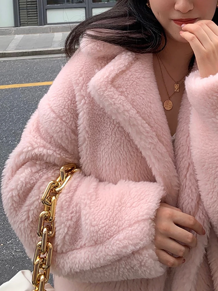 Lautaro Winter Oversized Lange Roze Dikke Warme Teddy Jas Vrouwen Double Breasted Losse Casual Stijlvolle Europese Faux Fur Overjas