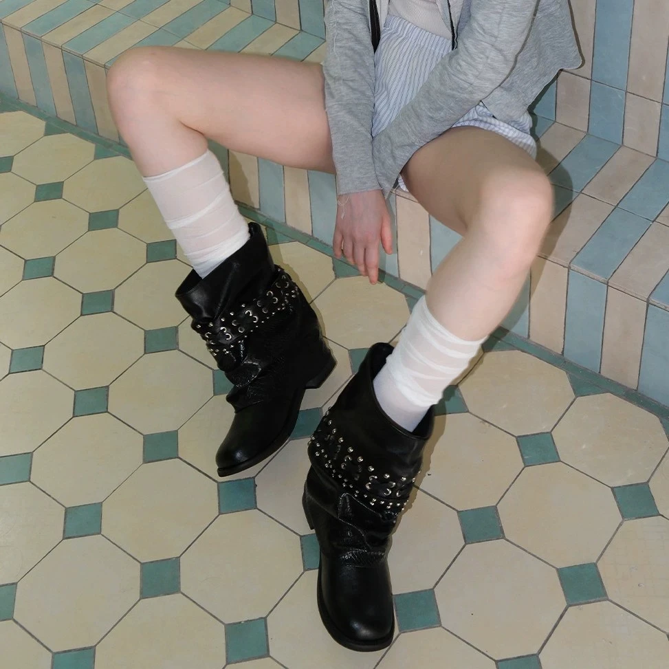Vintage Rivet Patent Leather Women Motorcycle Ankle Boots Autumn Winter Fashion Thick heeled Western Punk Chunky Short Boots