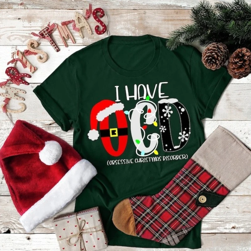 

I Have OCD Obsessive Disorder Christmas Shirt Family Christian Gift Letters Graphic Tshirts Unisex Crewneck Casual Style Tee