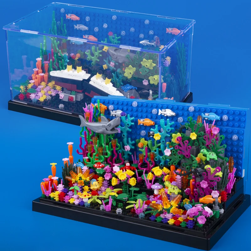 MOC Fish Tank Underwater World Building Blocks Sea Plant Titanic Shark Treasure Box Diamond Ocean City Display Case Bricks Toys