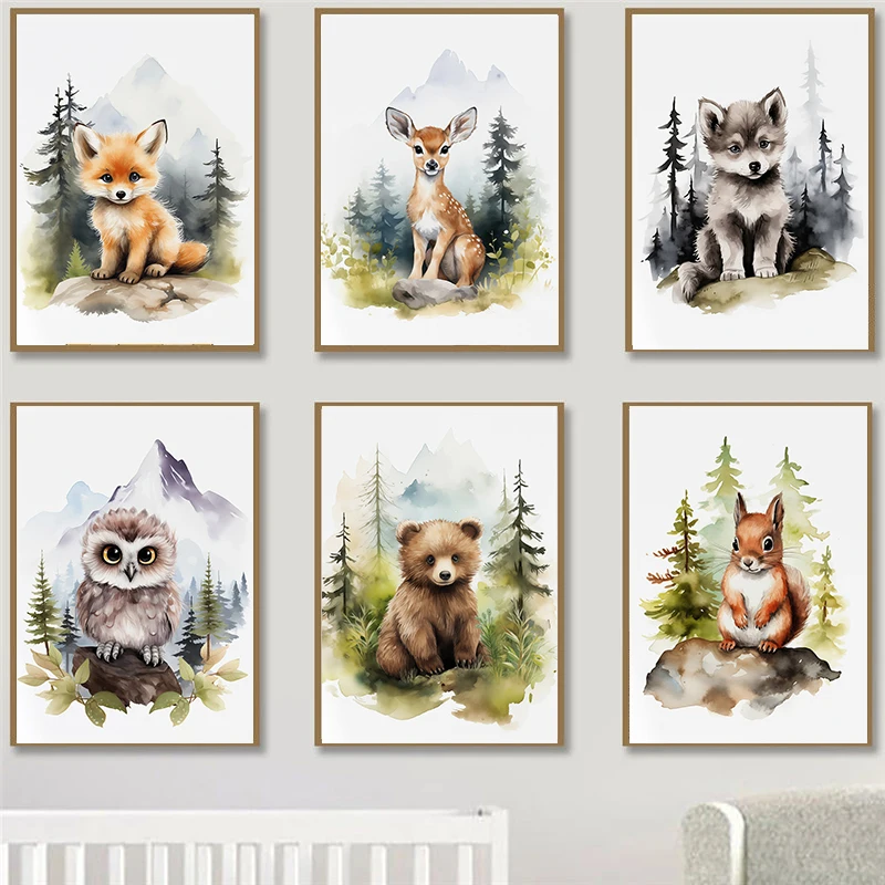 1pc frameless Canvas Painting Watercolor Woodland Baby Animal Forest Bear Deer Fox Owl Wolf Poster Canvas Painting Nursery Wall