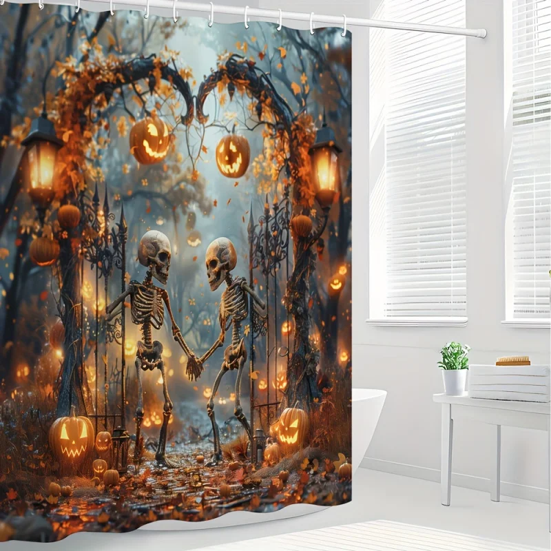 Spooky Halloween Shower Curtain - Black Castle & Skull with Yellow Pumpkin Lanterns, Waterproof Polyester Fabric, Includes Hooks