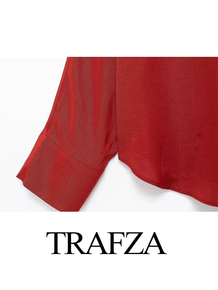 TRAFZA Summer Women Suit Turn-Down Collar Long Sleeve Single Breasted Casual Shirt+Pocket Zipper Decorate Wide Leg Pant Mujer