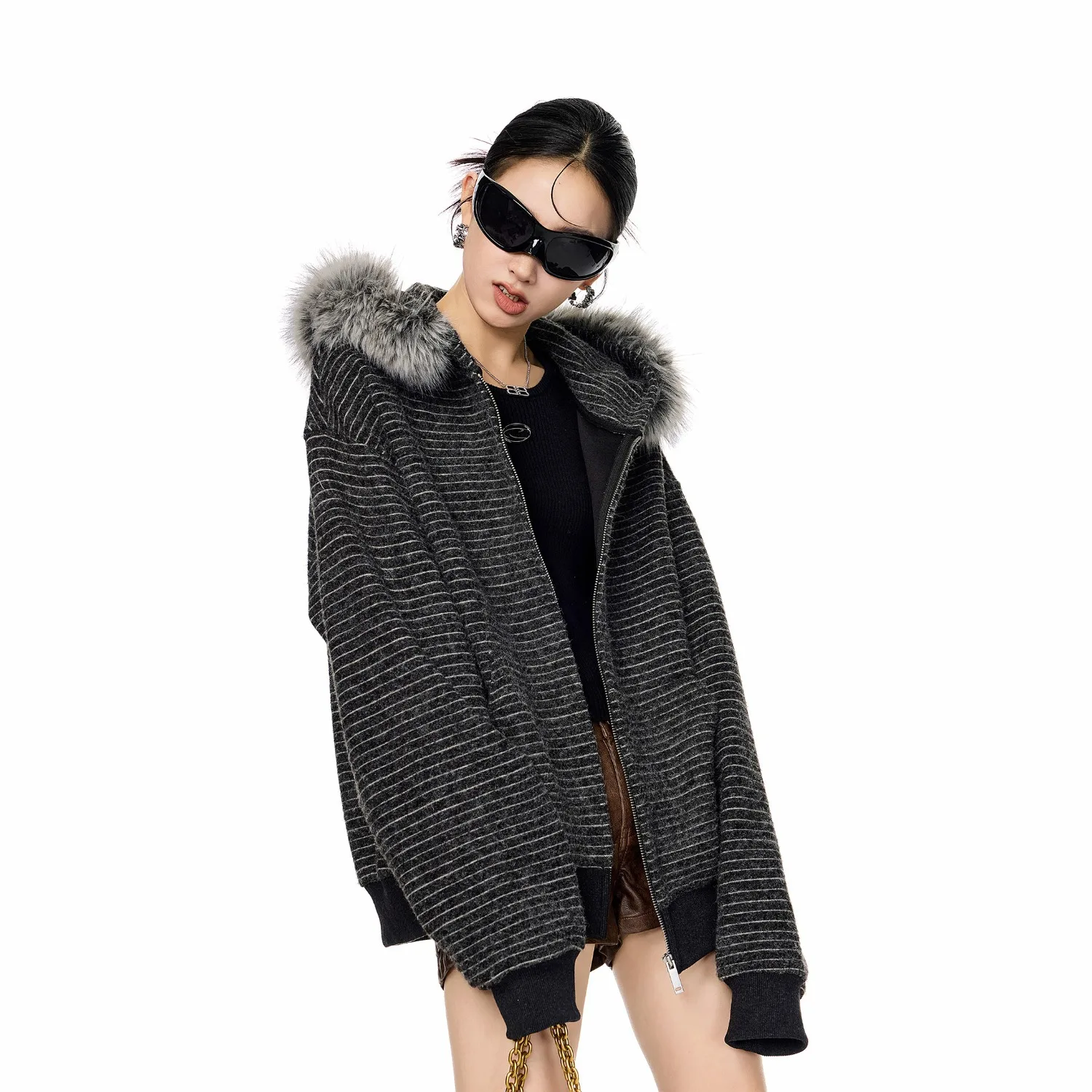 

Striped Hooded Zipper Sweatshirt Jacket Women's Autumn Winter Loose Fur Collar Knitted Open Cardigan Top