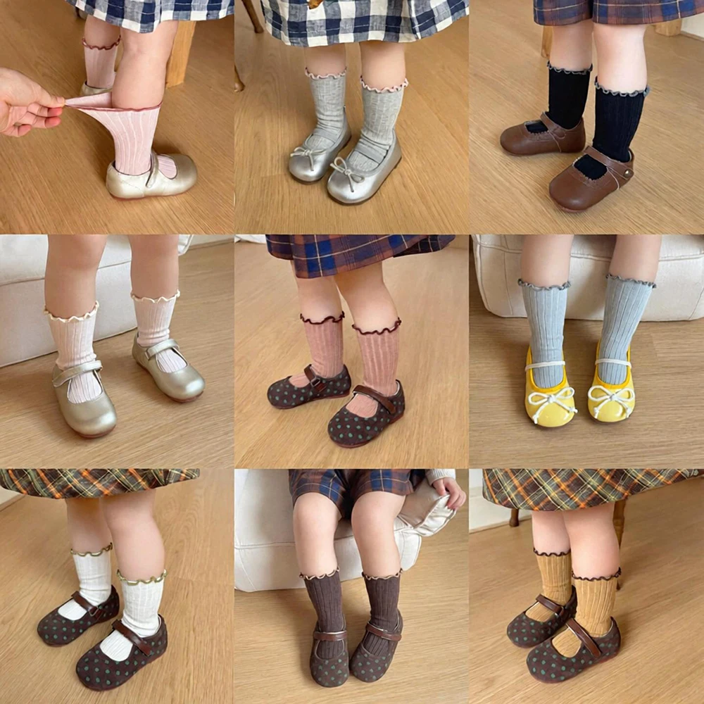 4Pairs New Toddler Girls Frilly Socks Cotton Solid Color Infant Baby Floor Socken Children's Midded Tube Sock For Kids 0-7Y
