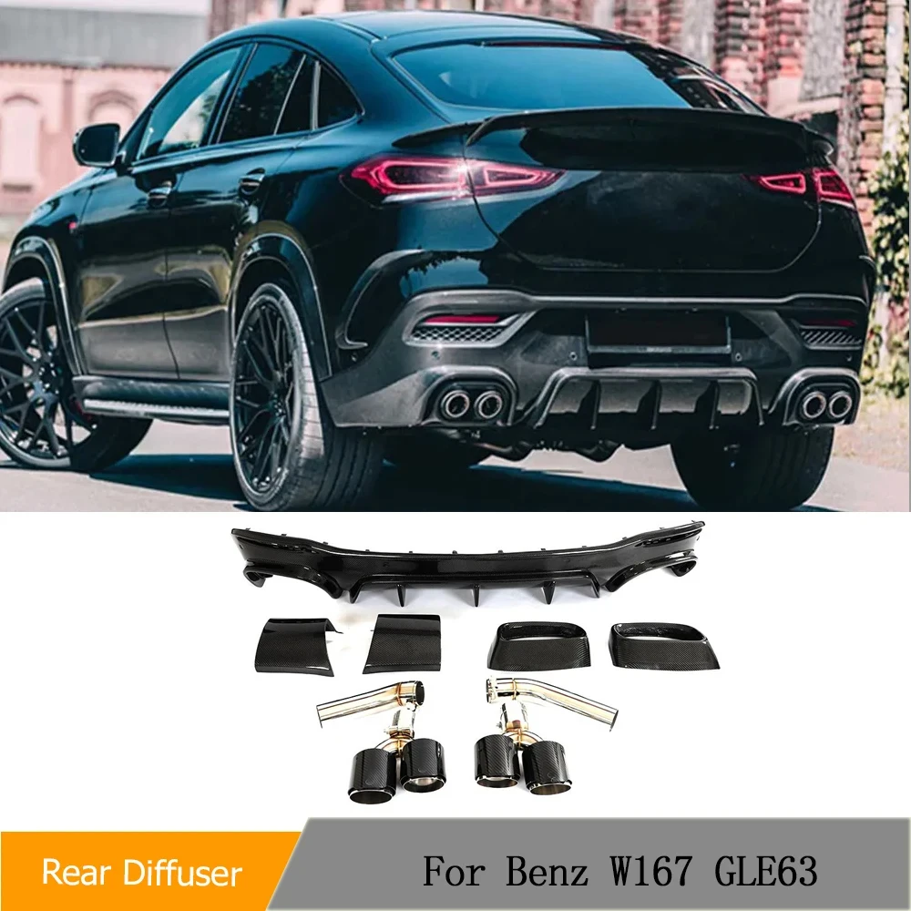 Carbon Fiber For Mercedes Benz GLE Class W167 C167 GLE63 AMG Car Rear Bumper Diffuser Lip With Exhaust Tips Tailpipe