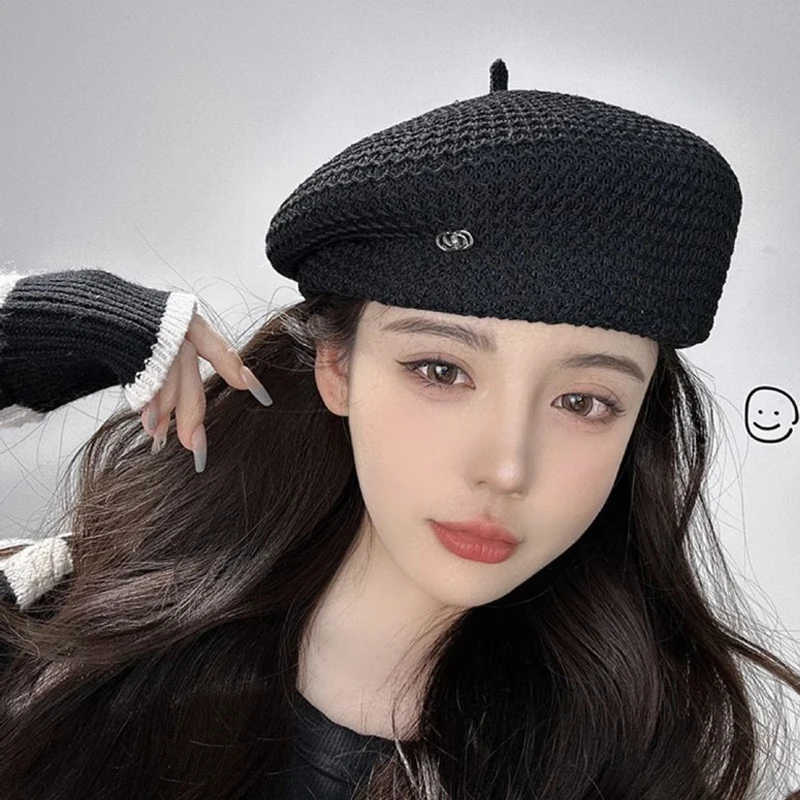 

Women Fixed Pleated Paper Straw Beret Summer Milk Silk Knit Breathable Big Artist Fashion Painter Hat