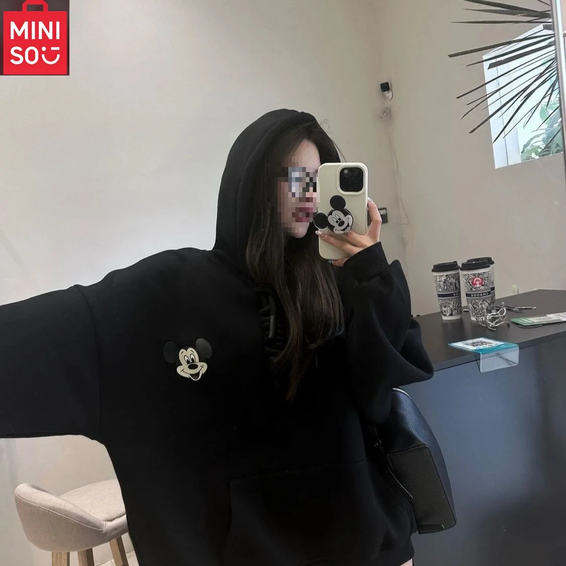 MINISO ديزني الحلو ولطيف ميكي طباعة الأسود مقنعين البلوز للنساء ربيع الخريف الكورية نمط فضفاض تنوعا البلوز #2