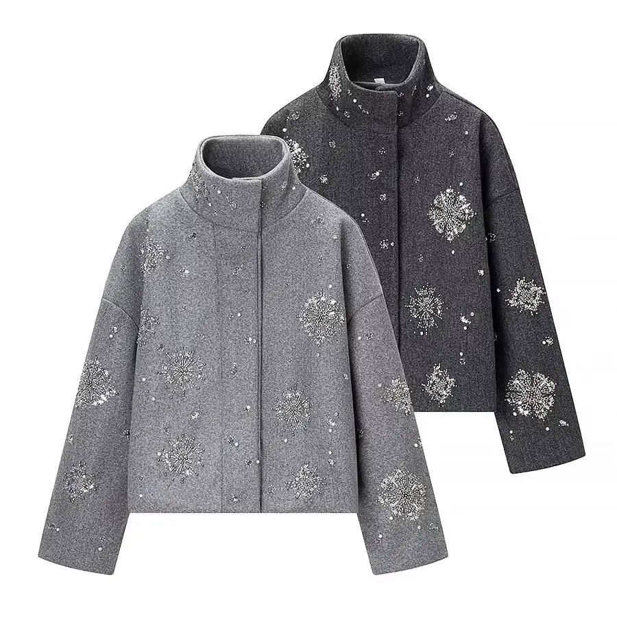 Retro American Style Sequin Embellished Short Woolen Jacket Women's Spring Casual Wear Stand Collar Zipper Closure Outerwear