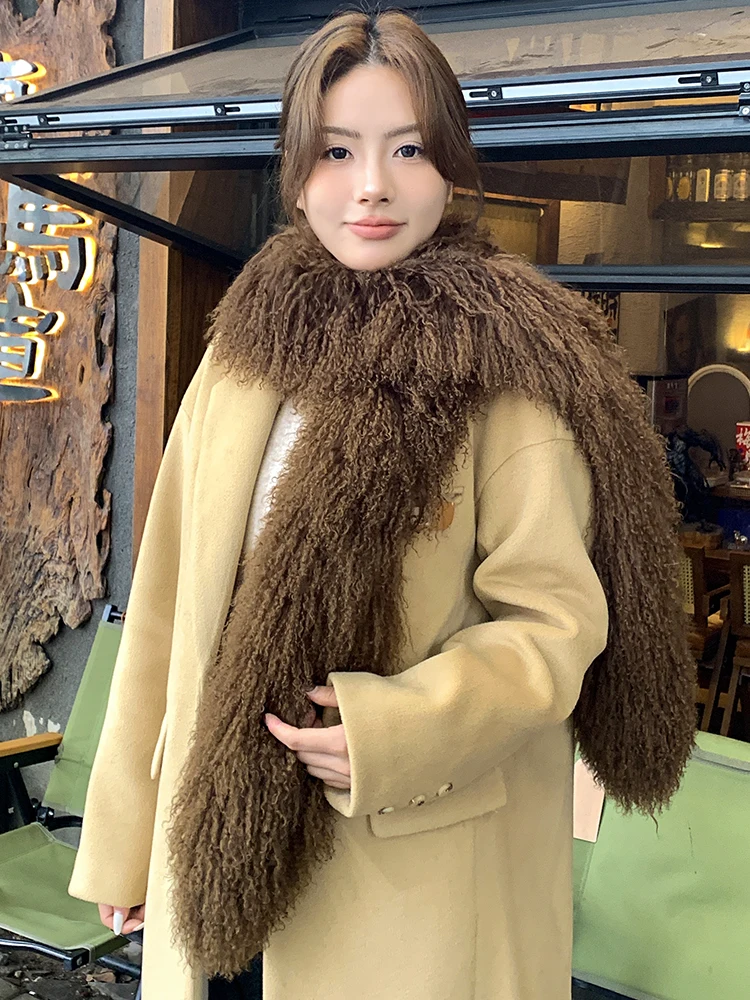 Women Winter Warm Real Tan Sheep Fur Scarf Lady Warm Soft Real Fur Shawl Wrap Long Style Natural Fur Neckerchief Scarves
