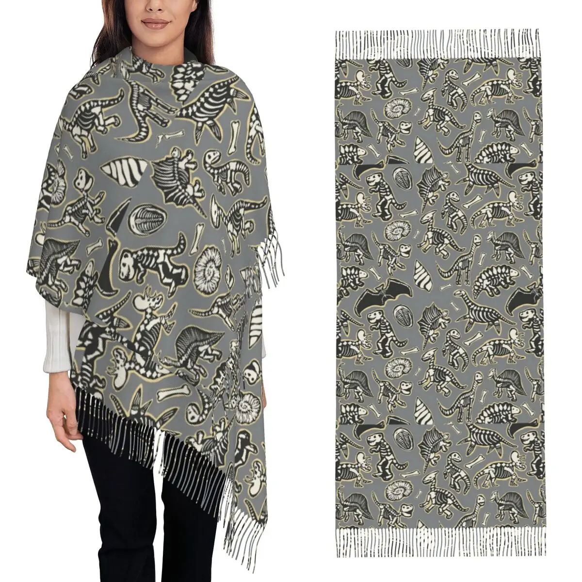 Dinosaur Fossils Halloween Skeleton Scarf Tassel Scarves for Women Soft Warm Shawls and Wraps Large Fall Winter Shawl Wrap