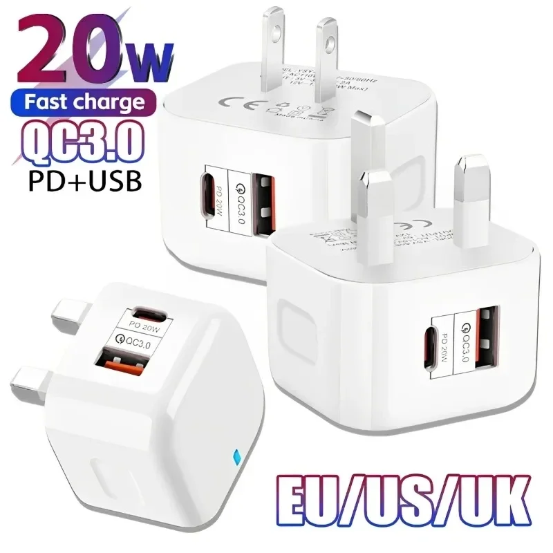 1 Stück 20W Dual-Port-Wandladegerät Typ-C USB-C PD Telefon-Schnellladegerät Superschnelles Ladeadapter EU/US/UK-Stecker für iPhone