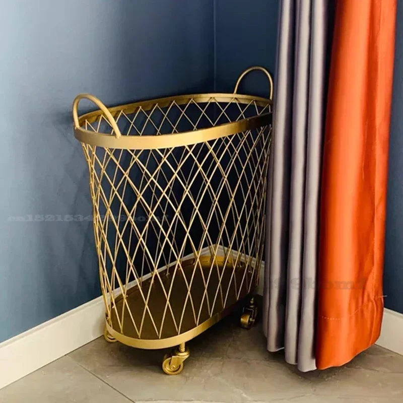 

North Metal Gold Color Dirty Clothes Storage Handle Wheel Laundry Basket Home Creative Organizer with Wheel Dirty Clothes Hamper