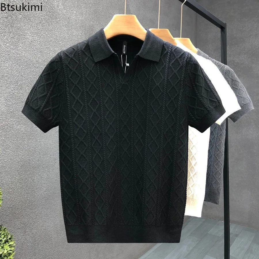 Polo Style Sweaters for Men Summer New Slim Fit Short Sleeve Business Casual T-shirts Male Solid Turn Down Collar Knitwear Tops