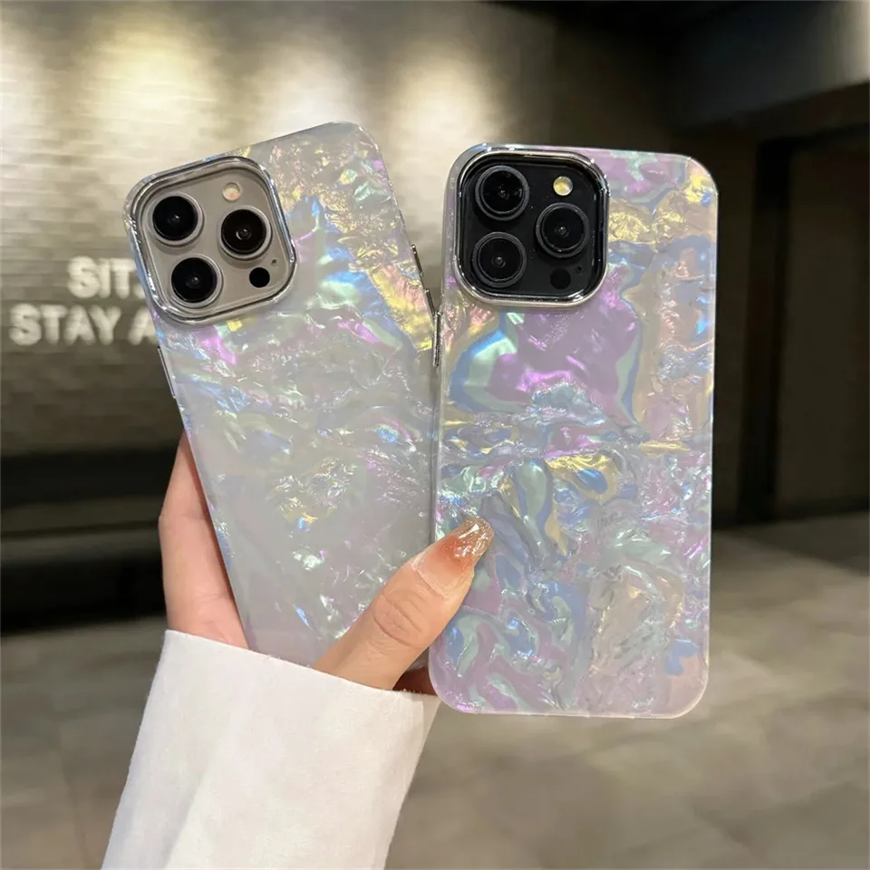 Laser Sea Shell Pattern IMD Phone Case for iPhone 11 12 13 14 15 Pro Max 7 8 Plus X XR XS Max Plating Shockproof Ultrathin Cover